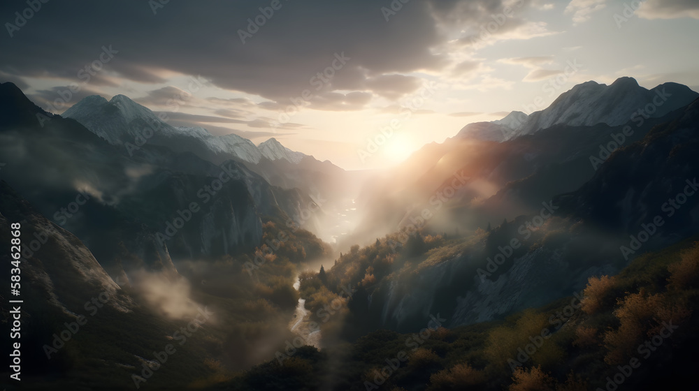 Landscape with mountains and forest in shadow clouds and sunset volumetric lighting