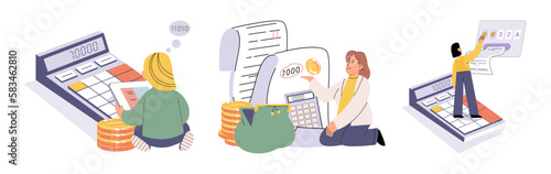 Set of people analyzing personal or corporate budget. Concept of financial accounting and calculation of income and expenses. Financial literacy and economics. Planning and distribution of money