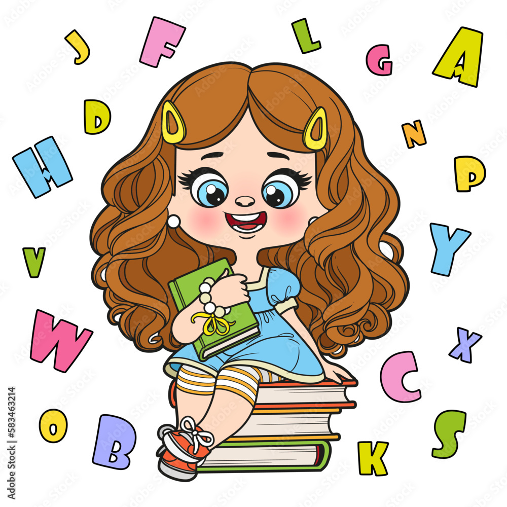 Cute cartoon longhaired girl sit on textbooks color variation for coloring page on a white background Cute cartoon longhaired girl sit on textbooks color variation for coloring page on a white background