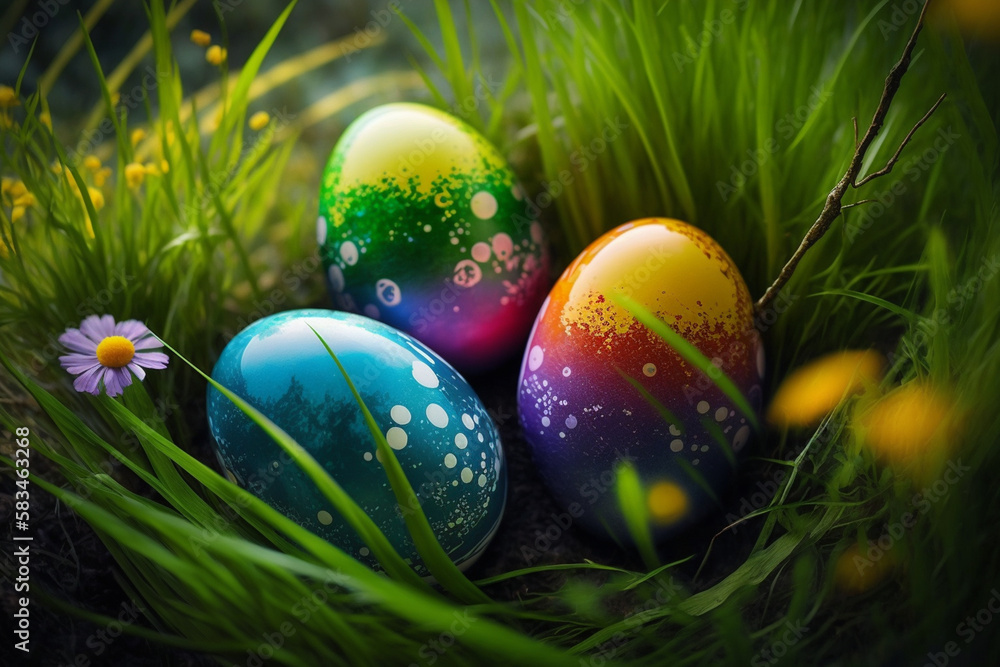 hand painted easter eggs in grass, generative AI