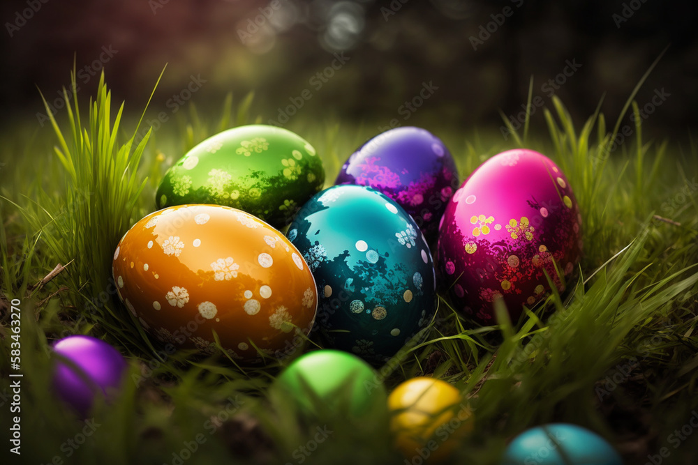 colorful shiny easter eggs in grass, generative AI