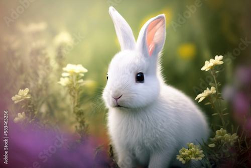 cute white rabbit in a field of flowers, generative AI