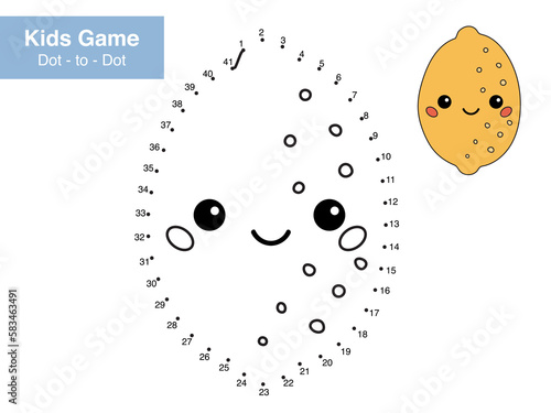 Number puzzle game. Dot to dot. Cute kawaii lemon. Healthy food for kids. Cartoon fruit. Educational worksheet. Printable activity page. Connect the dots and color. Vector illustration.