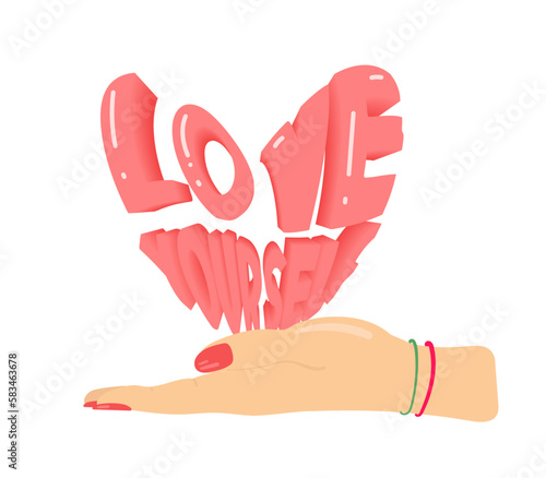 Love yourself funny concept. Cute single heart. Heart with slogan love yourself in hand