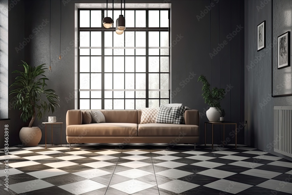 Interior of a contemporary living room with a checkered floor, black walls, and a soft beige sofa next to a large window. mock up toned double exposed image. Generative AI Interior of a contemporary living room with a checkered floor, black walls, and a soft beige sofa next to a large window. mock up toned double exposed image. Generative AI