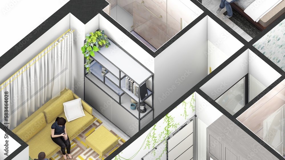Family living room isometric typical floor plan 3d visualization Family living room isometric typical floor plan 3d visualization