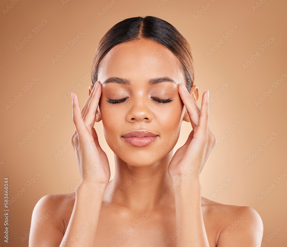 Beauty, calm and a woman with hands on face for skin care glow and natural shine in studio on brown background. Aesthetic model happy and satisfied with spa facial, dermatology cosmetic and wellness