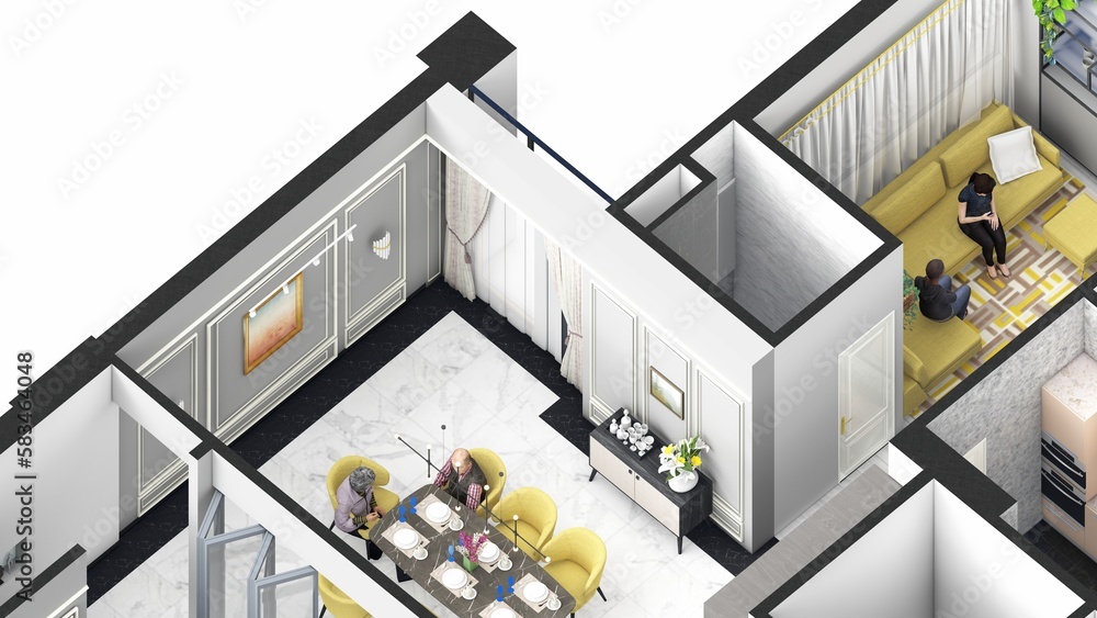 Dining and family living room isometric typical floor plan 3d model ...