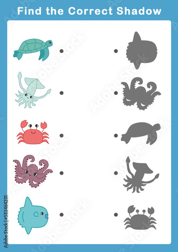 Shadow matching game for kids. Educational game for children. Find the right shadow of cute sea animals. 