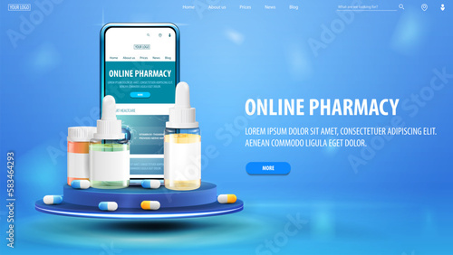 Online pharmacy, blue web banner with interface elements and smartphone with medications on podium