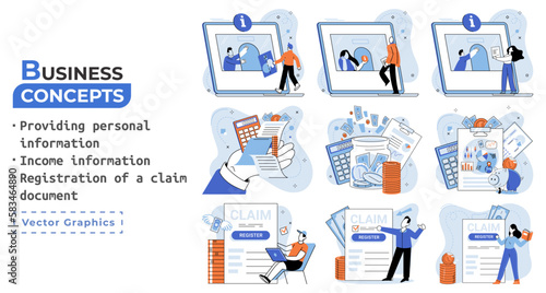 Registration of claim form register document, providing personal information, income information vector set. Employer form, earnings statement documents. Tax, financial and accounting reporting