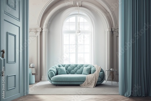 Neoclassical living room with copy space and molded walls. Parquet flooring and an arched door with a curtain. delicate shades of white and blue, contemporary velvet sofa. traditional interior design