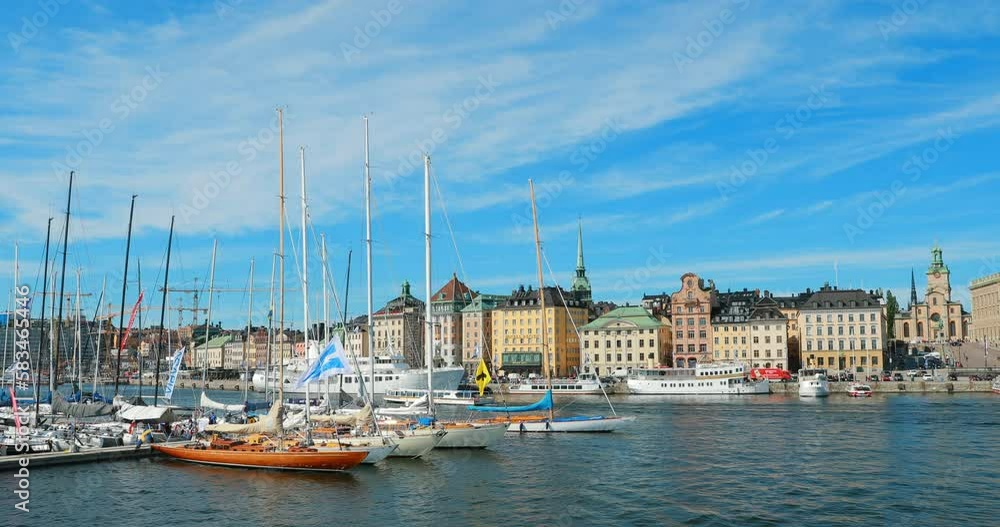 Stockholm, Sweden Jetty With Many Moored Yachts During Summer Sailing Regatta In Sunny Day. 4K. Stockholm, Sweden Jetty With Many Moored Yachts During Summer Sailing Regatta In Sunny Day. 4K.