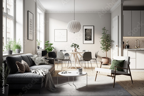 Modern interior design of living room with grey sofa and coffee table. Home interior with rug and plants. Generative ai