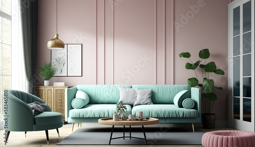 Modern interior design of living room with mint sofa and wooden coffee table. Home interior with pink wall. Generative ai