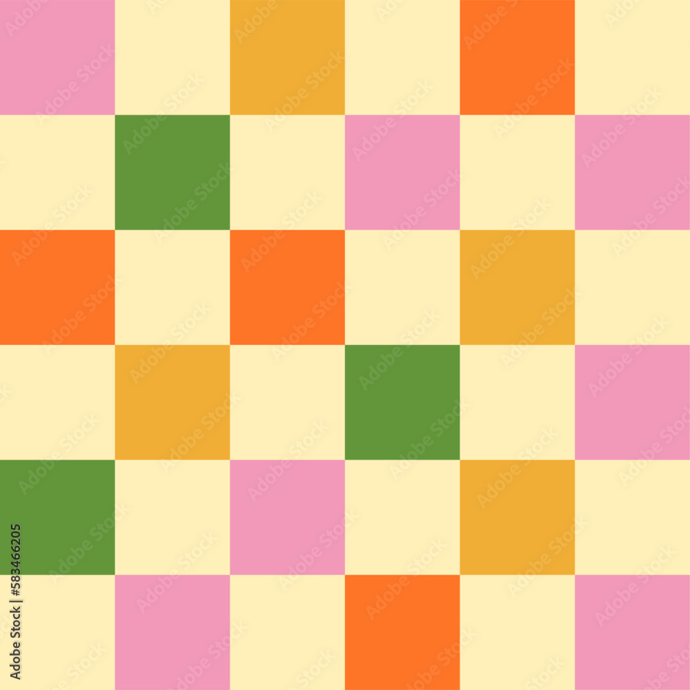 Seamless Checkered Pattern in Spring pink, green and orange colors. Creative vibrant trendy tartan background design for kids. Abstract trendy gingham plaid.