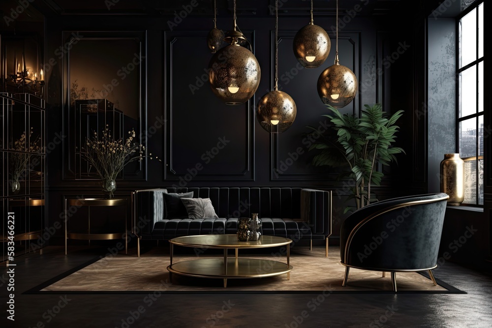 a space with dark walls and floors and golden metallic style furniture