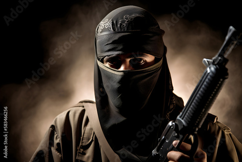 Armed terrorist man with closed face. War concept. World Antiterrorism Day concept. Generated AI