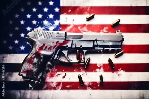 Gun with scattered bullets lying on the American flag. War concept. World Antiterrorism Day concept. Generated AI photo