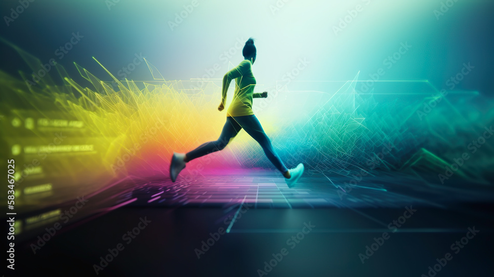 Exercise,runnung with digital technology or gadget system progarm.smart lifestyle with healthy concepts.Generative ai images