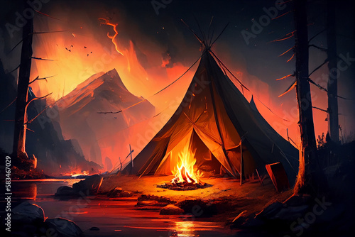 Campfire near a tent in a picturesque outdoor setting. AI Generated