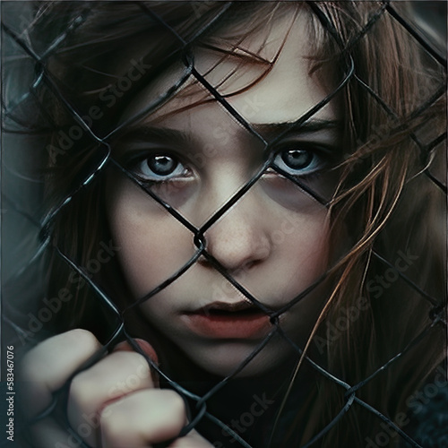 Sad, distressed girl behind a fence. Concepts of mental health and being trapped, loneliness, sadness - generative ai