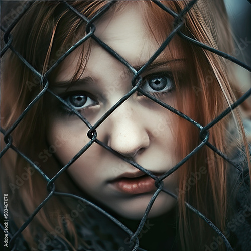 Sad, distressed girl behind a fence. Concepts of mental health and being trapped, loneliness, sadness - generative ai