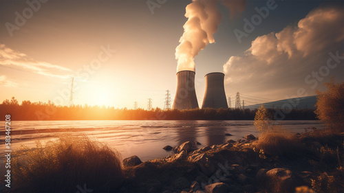 Kernkraftwerk Kühltürme in einer schönen Landschaft während dem Sonnenuntergang, generative KI