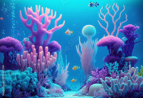 Bright underwater landscape in cartoon style with pink corals and striped fish. AI generated.