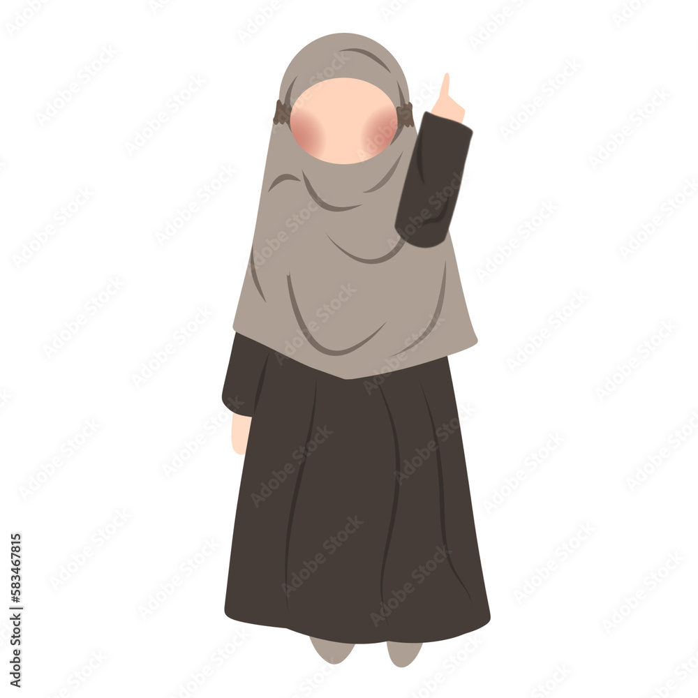 Hijab girl character pointing up