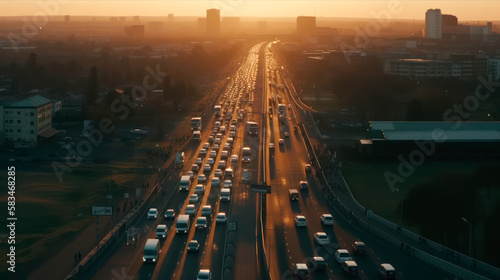 aerial view traffic jam in the city at rush hour, long queues generating smoke and pollution, generative ai