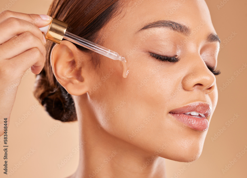 Beauty serum, oil or girl model in studio on beige background in facial skincare in grooming spa. Face, eyes closed or natural woman with essential oils or glowing luxury self care hydration products Beauty serum, oil or girl model in studio on beige background in facial skincare in grooming spa. Face, eyes closed or natural woman with essential oils or glowing luxury self care hydration products