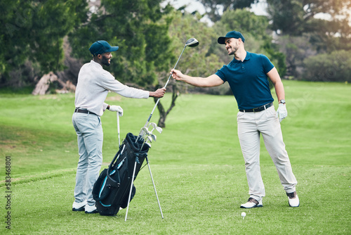 Golf, club and sports with men on course and playing for training, games and challenge. Tournament, help and support with golfer and caddy on lawn field for competition, hobby and leisure practice photo