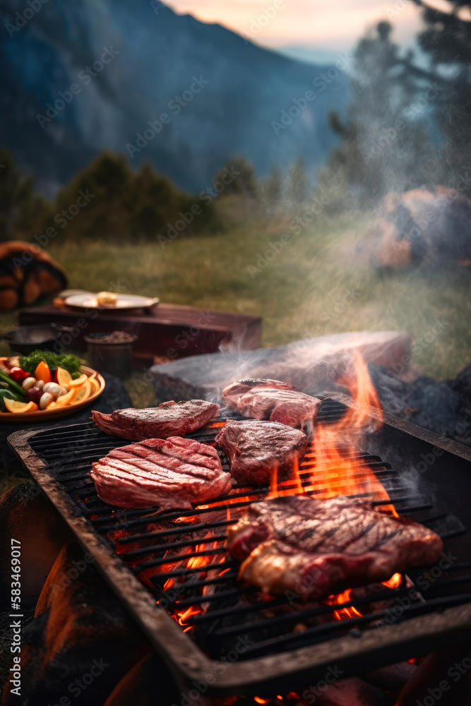 charcoal barbecue grilled steak . grill time. ai generative ilustração