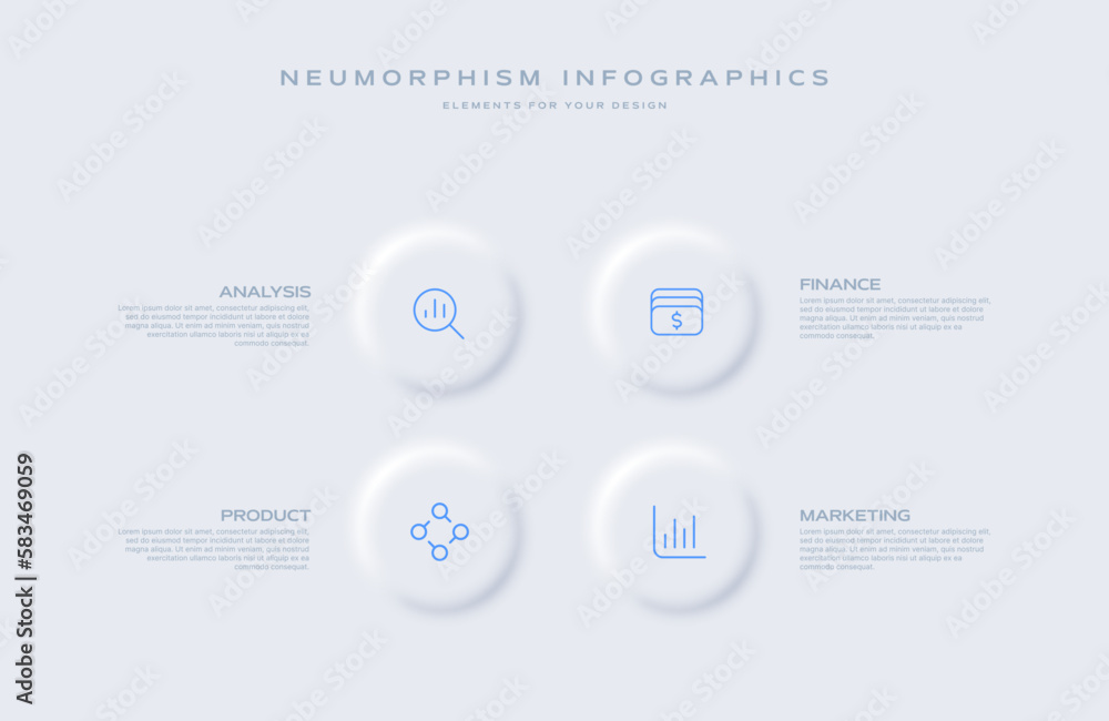 Neumorphism design infographic, 4 options illustartion. Minimal clean design. Neumorphism design infographic, 4 options illustartion. Minimal clean design.