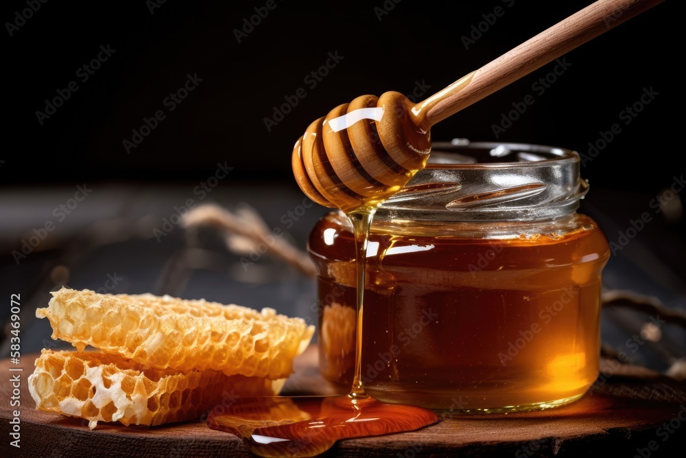 Jar of honey with honeycomb next to it on table. Generative AI Jar of honey with honeycomb next to it on table. Generative AI