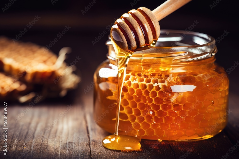 Jar of honey with honeycomb next to it on table. Generative AI Jar of honey with honeycomb next to it on table. Generative AI