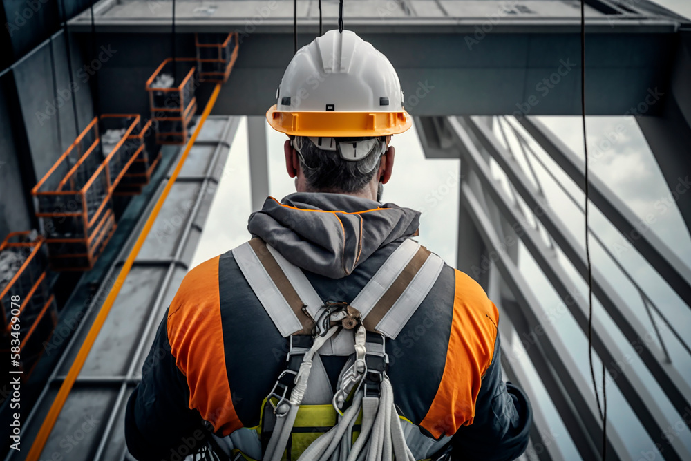 Man builder in helmet and work clothes builds a multi-story building view from the back and looks city, the safety of work insurance, industry. Generative AI. Man builder in helmet and work clothes builds a multi-story building view from the back and looks city, the safety of work insurance, industry. Generative AI.
