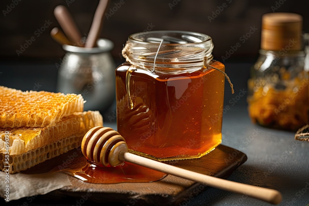 Jar of honey with honeycomb next to it on table. Generative AI Jar of honey with honeycomb next to it on table. Generative AI