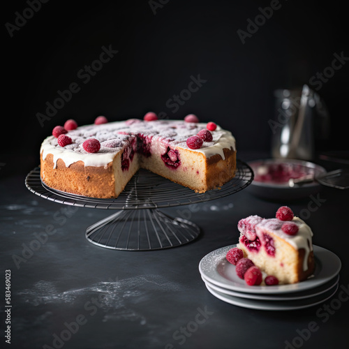 Cake with Raspberry. Illustration AI Generative.
