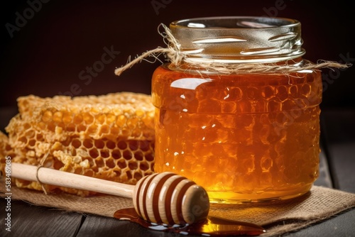 Jar of honey with honeycomb next to it on table. Generative AI