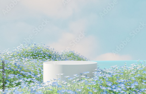 Natural beauty podium backdrop with spring blue flowers landscape scene. 3d rendering.
