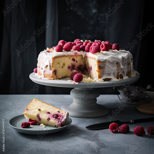 Cake with Raspberry. Illustration AI Generative.
