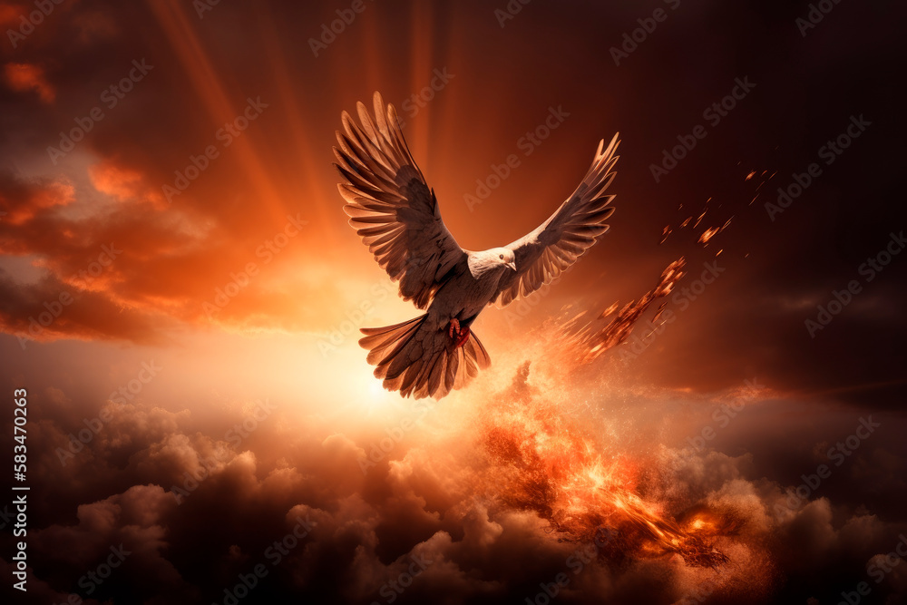 A white dove flies and to symbolise the Holy Spirit and Pentecost