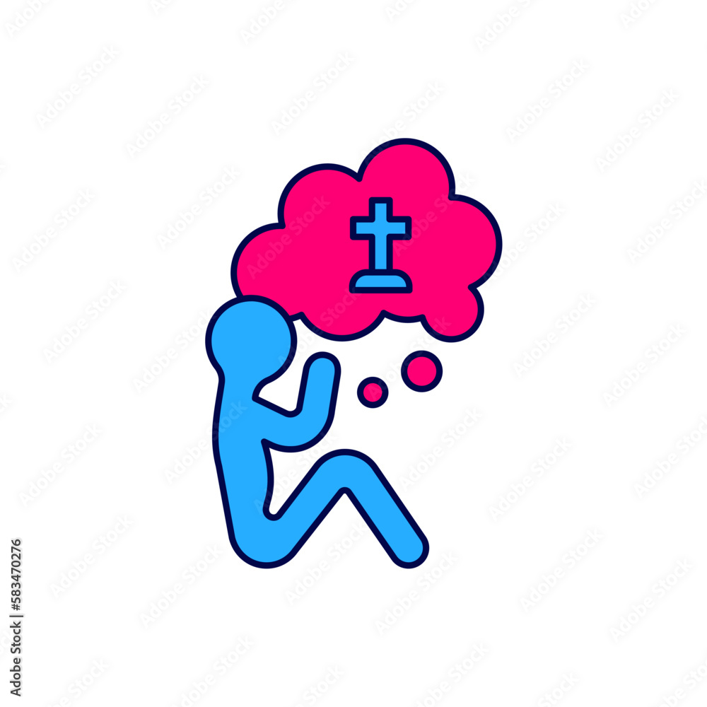 Filled outline Man graves funeral sorrow icon isolated on white background. The emotion of grief, sadness, sorrow, death. Vector Filled outline Man graves funeral sorrow icon isolated on white background. The emotion of grief, sadness, sorrow, death. Vector