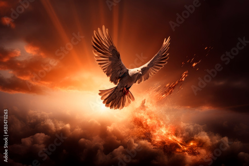 Photo A white dove flies and to symbolise the Holy Spirit and Pentecost