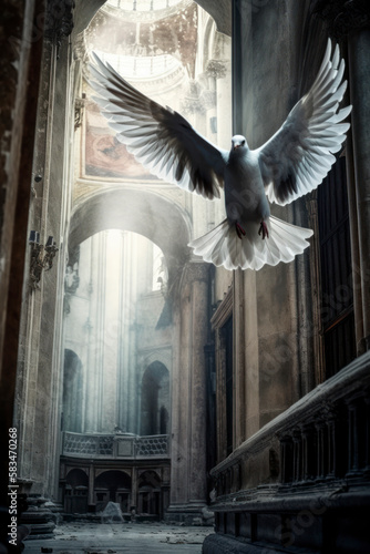 A white dove flies in the cathedral to symbolise the Holy Spirit and Pentecost. Generative AI
