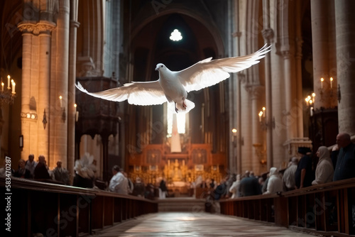 A white dove flies above the parishioners, symbolising the Holy Spirit and Pentecost. Generative AI