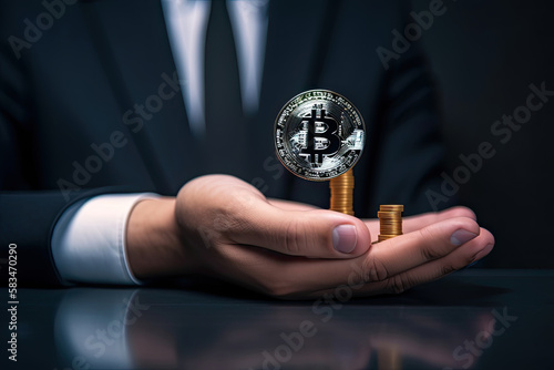 Businessman shows the trend of driving digital currency. Illustration AI Gene...