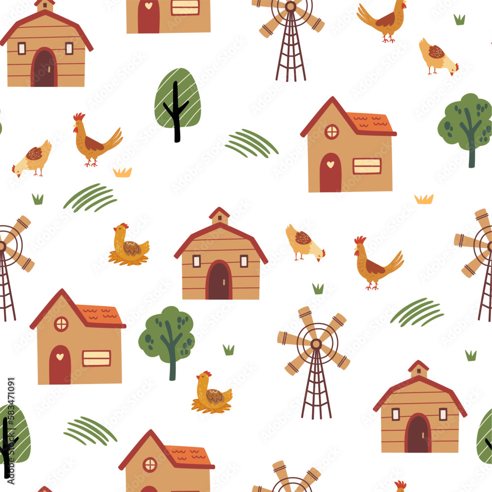 Farm seamless pattern. Landscape background with houses, Chickens, trees and windmill. Hand drawn design in cartoon style, use for print, wallpaper, kids clothes, fashion. Vector illustration
